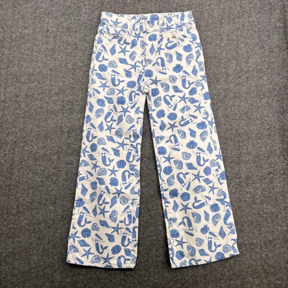 Old Navy Girls Blue White Mermaid Starfish Baggy Wide Leg Jeans Size 12